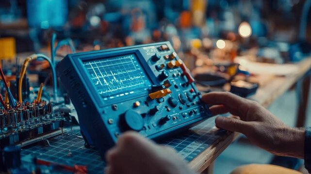 Engineer adjusting digital oscilloscope settings on a cluttered workbench monitoring electronic signal waveforms for diagnostic testing