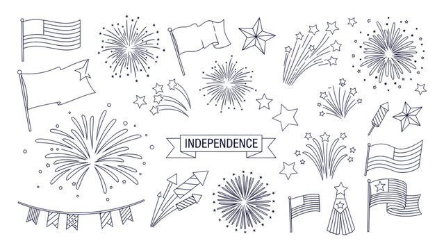 Patriotic American Independence Day Line Art Elements Collection Fireworks Flags Stars Banner - Powered by Adobe