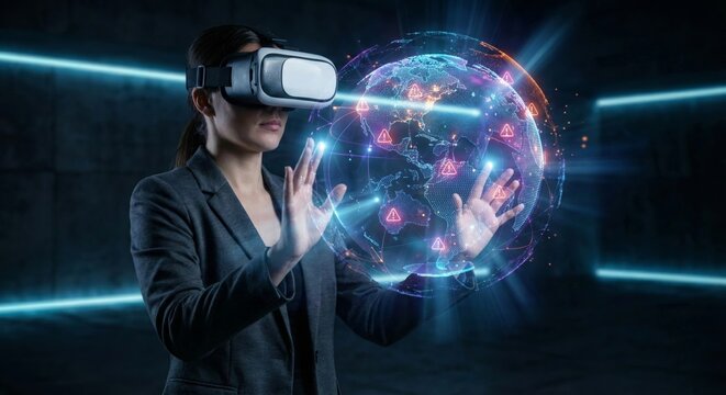 Woman using vr headset interacting with holographic globe