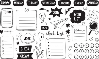 Hand drawn planner stickers and elements for daily schedule organization and to do lists on transparent background