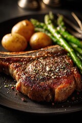 Seared bone-in steak with herbs on a black plate, accompanied by roasted potatoes and asparagus. Concept Seared bone-in steak with herb crust, Black plate presentation, Roasted potatoes with herbs