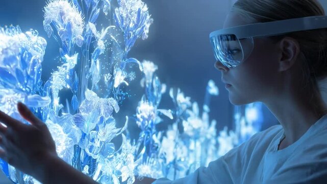 Closeup of a user interacting with holographic web elements inside a VR setting showcasing experiential digital browsing and cuttingedge technology.
