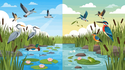 Vector illustration of diverse birds, people, and animals thriving in a serene river wetland ecosystem with trees and lush vegetation on World Wetlands Day. © Asap