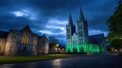 Obraz premium Historic Cathedral Illuminated in Green with Dramatic Sky and Surrounding Buildings at Dusk