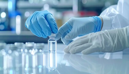 Scientific precision and expertise: Close-up on the delicate hands of a scientist, expertly handling a vial in a sterile laboratory setting.