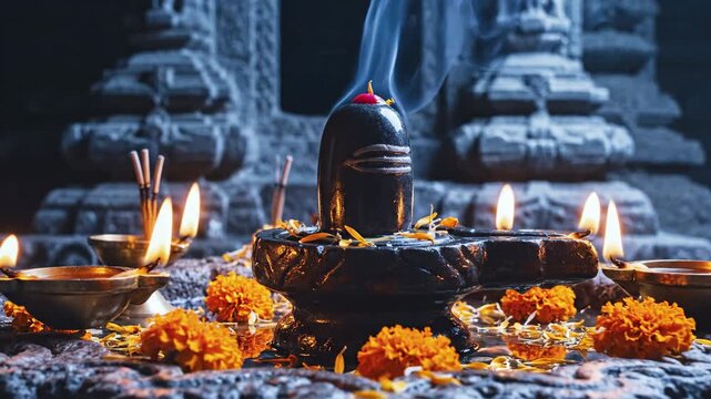 Shivling Puja Ritual with Diya Lamps Flowers Smoke and Temple Vibe
