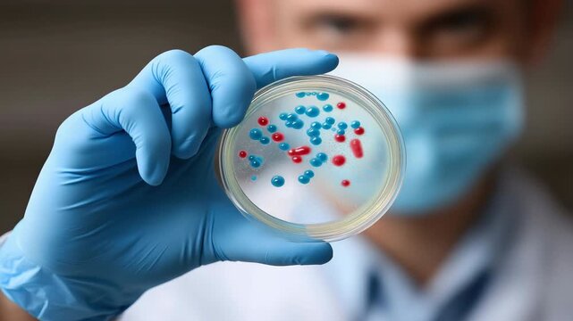 Scientist examines bacterial cultures on agar plate with gloved hand in laboratory setting