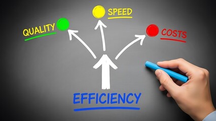 Hand drawing a concept diagram illustrating how efficiency drives improvement across critical business metrics including quality speed and controlling associated costs