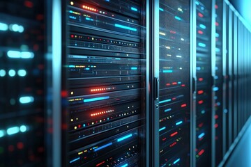 Naklejka premium Modern IT server racks inside enterprise data center with glowing network indicators and high density infrastructure, perfect for cloud computing, AI processing, and secure digital operations
