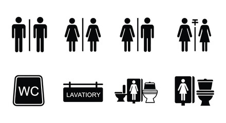 Fototapeta premium Collection of restroom signage pictograms men women accessible and facilities