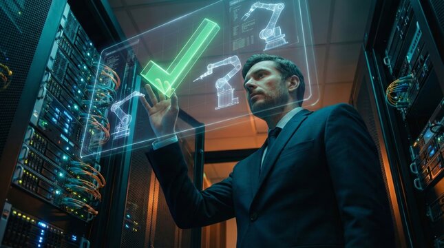Leader with holographic checkmark in server room - Powered by Adobe