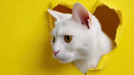Curious white cat explores vibrant yellow background with playful movements