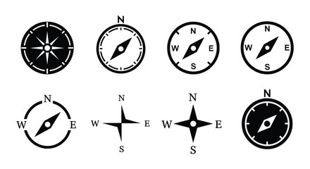 Collection of diverse compass icons and symbols depicting cardinal directions © nurjahan