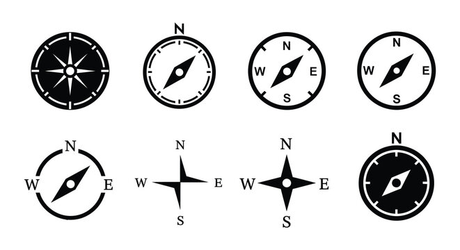 Collection of diverse compass icons and symbols depicting cardinal directions