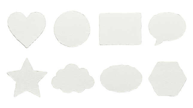 White paper shapes set including heart, circle, rectangle, speech bubble, star, cloud, oval, and hexagon isolated. Textured watercolor paper cutouts for craft and design.