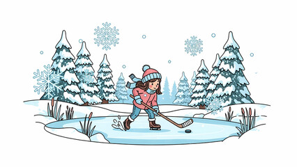 冬の湖で少女がアイスホッケー
