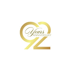 92nd Anniversary Logo, Golden Color, Vector Template Design element for birthday, invitation, wedding, jubilee and greeting card illustration.
