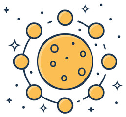 Abstract depiction of celestial bodies orbiting a large central planet in a stylized cosmic design