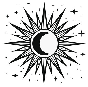 Celestial Sun with Moon Phases, Stars in Mystical Cosmic Vector Design