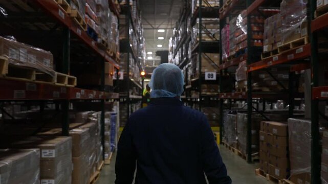 Warehouse worker in PPE walking through industrial storage racks with forklift in distance