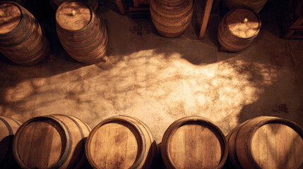 Obraz premium Sunlit Cellar with Stacked Wooden Wine Barrels
