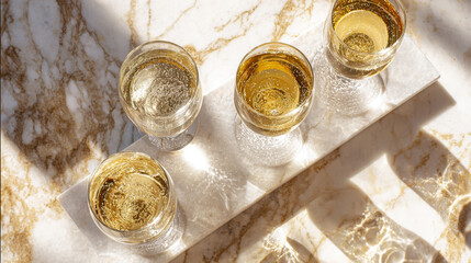 Sparkling Wine Glasses Casting Shadows on Marble
