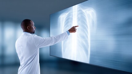 Male medical professional in a white coat is analyzing a digital X-ray display of a human chest while pointing at the image in a modern healthcare environment with advanced technology