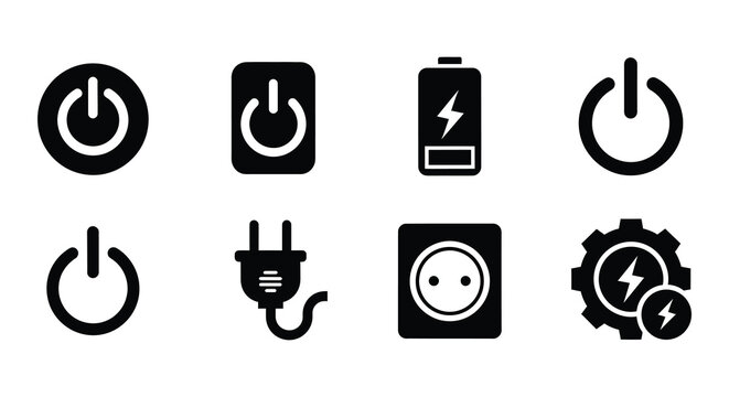 Black power icons depicting on and off battery levels and electrical connections