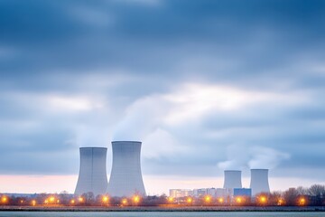 Obraz premium Cooling towers of a nuclear power plant are visible against a cloudy sky with steam rising and city lights glowing in the foreground during twilight hours