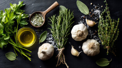 Fresh Herbs, Garlic, and Olive Oil on Dark Surface