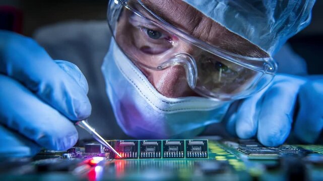 Specialist conducting delicate cleaning and testing on a corrupted SDRAM chip to restore data integrity in a controlled electronic repair setting.