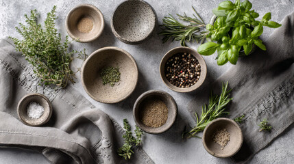 Fresh Herbs in Rustic Bowls on Stone Background
