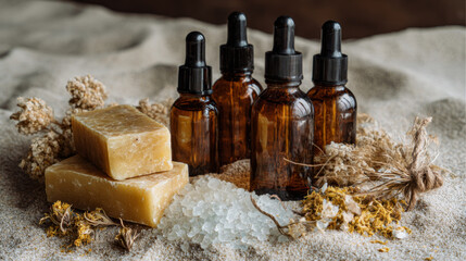 Natural Handmade Soaps and Essential Oils on Sand Background