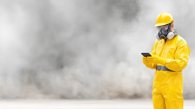 Worker in yellow protective suit and gas mask is using a smartphone while standing in a smoky environment, indicating safety measures during hazardous conditions with copy space - Powered by Adobe