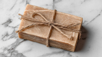 Handmade Natural Soap Bar with Twine on Marble Background