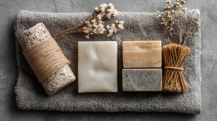 Natural Soap Bars on Cozy Fabric with Dried Botanicals