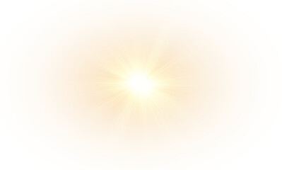 Fototapeta premium Yellow star flashed with sparkles sun isolated on white background. Soft glow without departing rays, sunlight with lens flare effect. PNG vector light effect