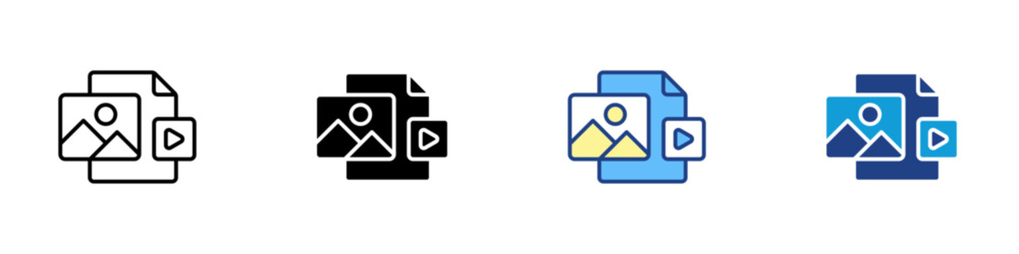 Media Data Multiple Style Icon Design Vector - Image and video files stacked together, representing multimedia storage, content handling, and digital assets