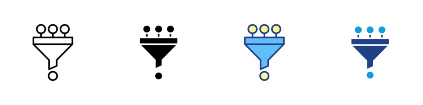 Data Sorting Multiple Style Icon Design Vector - Filter funnel with nodes, representing data organization, categorization, and refinement
