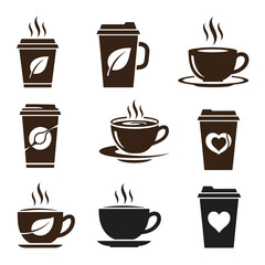 Obraz premium Black and white coffee cups and to-go cups with steam and symbols
