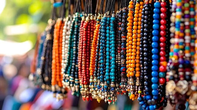 Rows of colorful beaded necklaces hang side-by-side, displayed at a market or shop