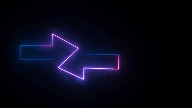 Neon blue and purple arrows. Glowing left and right pointer signs on black background. Direction arrow symbol for black screen background. Neon illustration arrow icon.