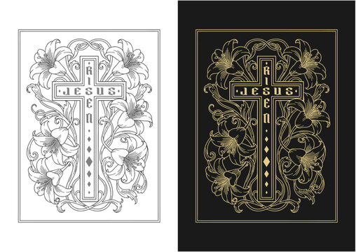 Ornate Christian cross with Easter lilies in Art Nouveau style, religious vintage illustration for Resurrection Sunday, luxury gold and black vector