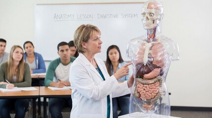 In a bright and well-lit classroom, an experienced instructor engages a diverse group of students with an anatomy lesson.