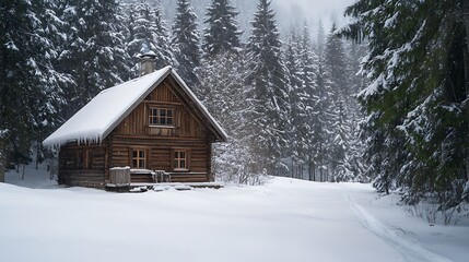 Snow covered cabin in a winter forest scene with evergreen trees and white snow