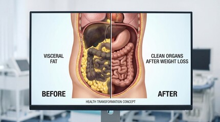 A screen presents a detailed comparison of the human abdominal anatomy, displaying visceral fat before weight loss and clean organs afterward.