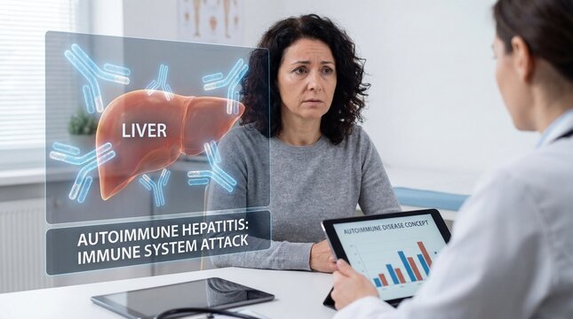 A doctor provides medical consultation. Hologram visual display of a patient&rsquo;s liver. Medical interaction and consultation for autoimmune hepatitis in examination room.
