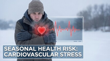 A man, bundled in winter attire, experiences potential health concerns while facing winter weather. An overlay emphasizes the issue with health analysis.
