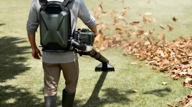 Medium shot capturing a backpack leaf blower worn by a person emphasizing comfort and power for extended outdoor cleanup.