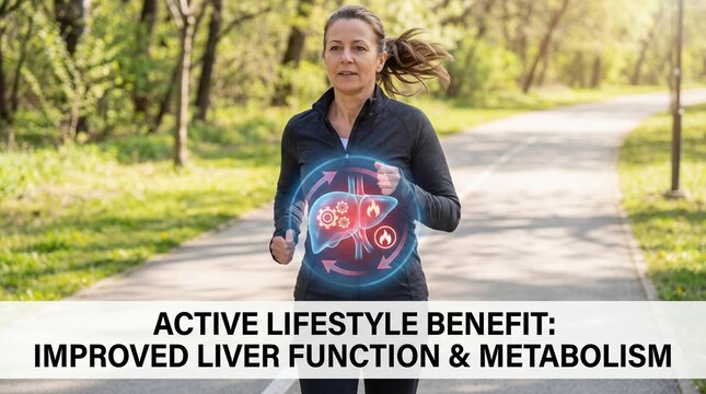 A woman jogging with an illustration of liver function and metabolism. capturing the essence of active lifestyle and healthy choices.